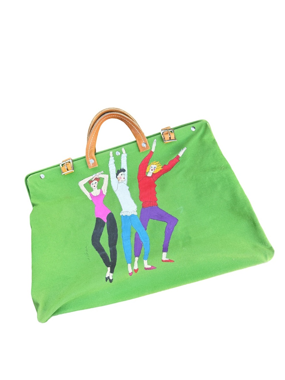 Vintage Handmade Green Canvas Hand Painted and Signed Tote Bag Satchel Purse